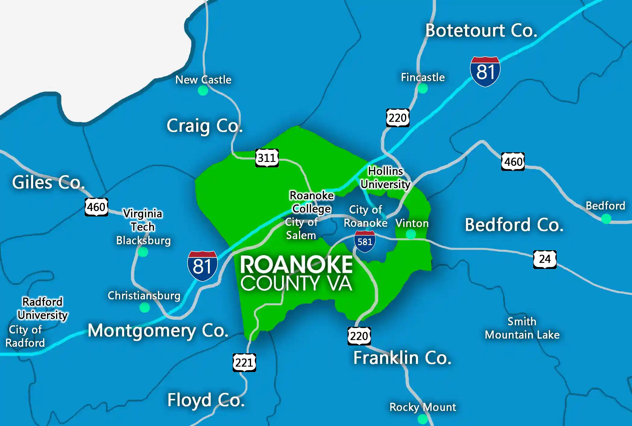 Service area map for Roanoke, VA